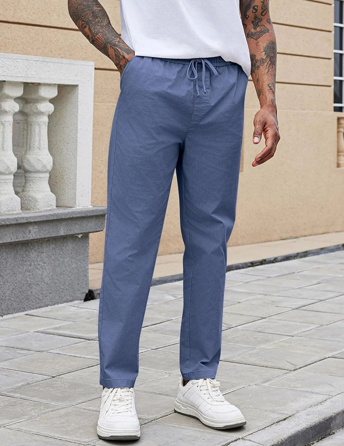 COOFANDY Mens Casual Pants Elastic Waist Drawstring Chino Pants Cotton Twill Trousers with Pockets