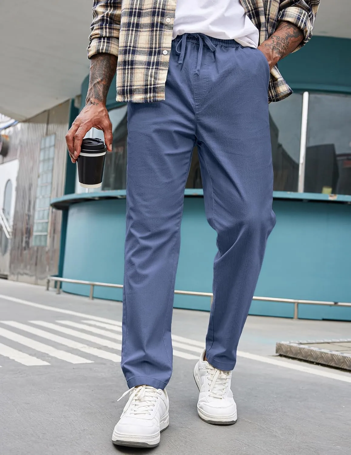 COOFANDY Mens Casual Pants Elastic Waist Drawstring Chino Pants Cotton Twill Trousers with Pockets