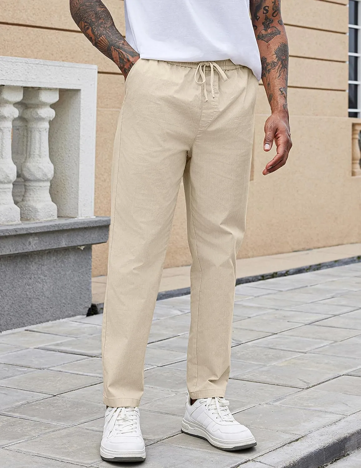 COOFANDY Mens Casual Pants Elastic Waist Drawstring Chino Pants Cotton Twill Trousers with Pockets