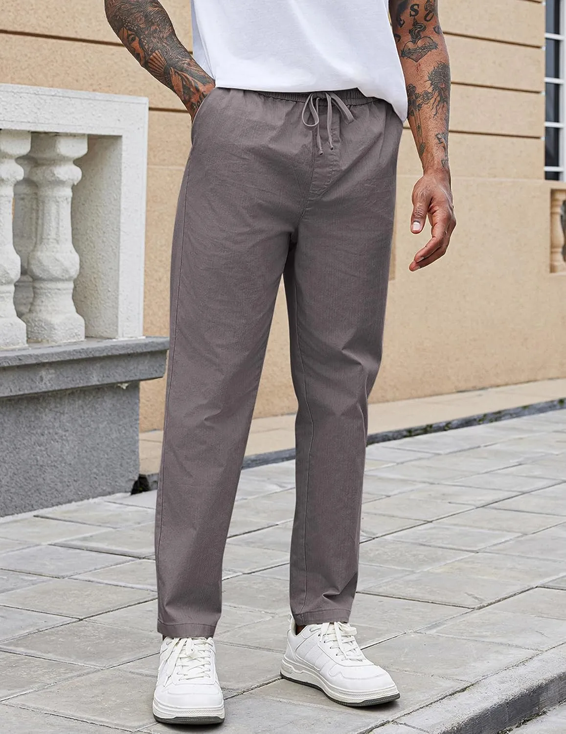 COOFANDY Mens Casual Pants Elastic Waist Drawstring Chino Pants Cotton Twill Trousers with Pockets