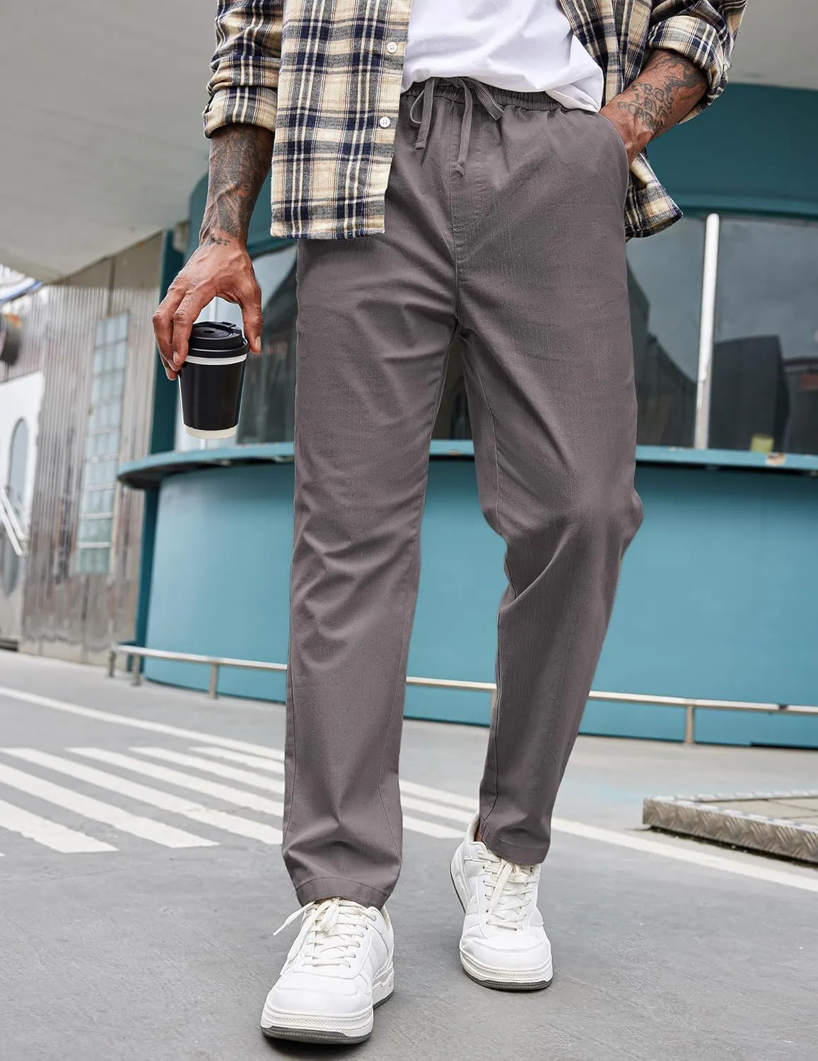 COOFANDY Mens Casual Pants Elastic Waist Drawstring Chino Pants Cotton Twill Trousers with Pockets