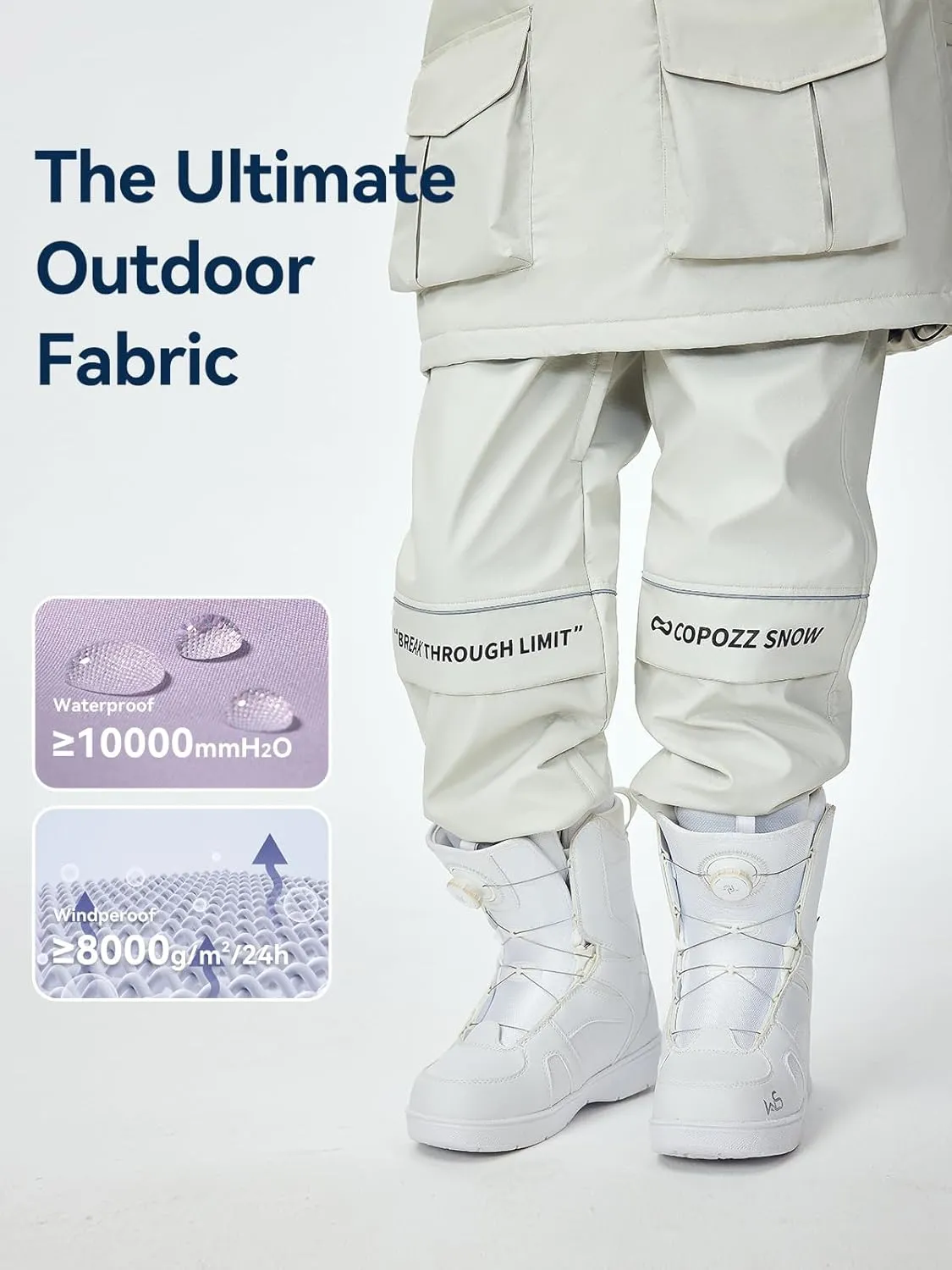 COPOZZ Ski Pants for Men and Women with Waterproof Breathable Comfortable All-Weather Protection for Skiing and Hiking White