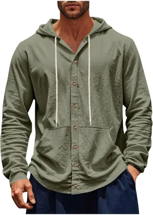 Cotton Hoodie for Mens Long Sleeve Button Down Linen Shirt Drawstring with Pockets Casual Summer Beach Hooded Shirts