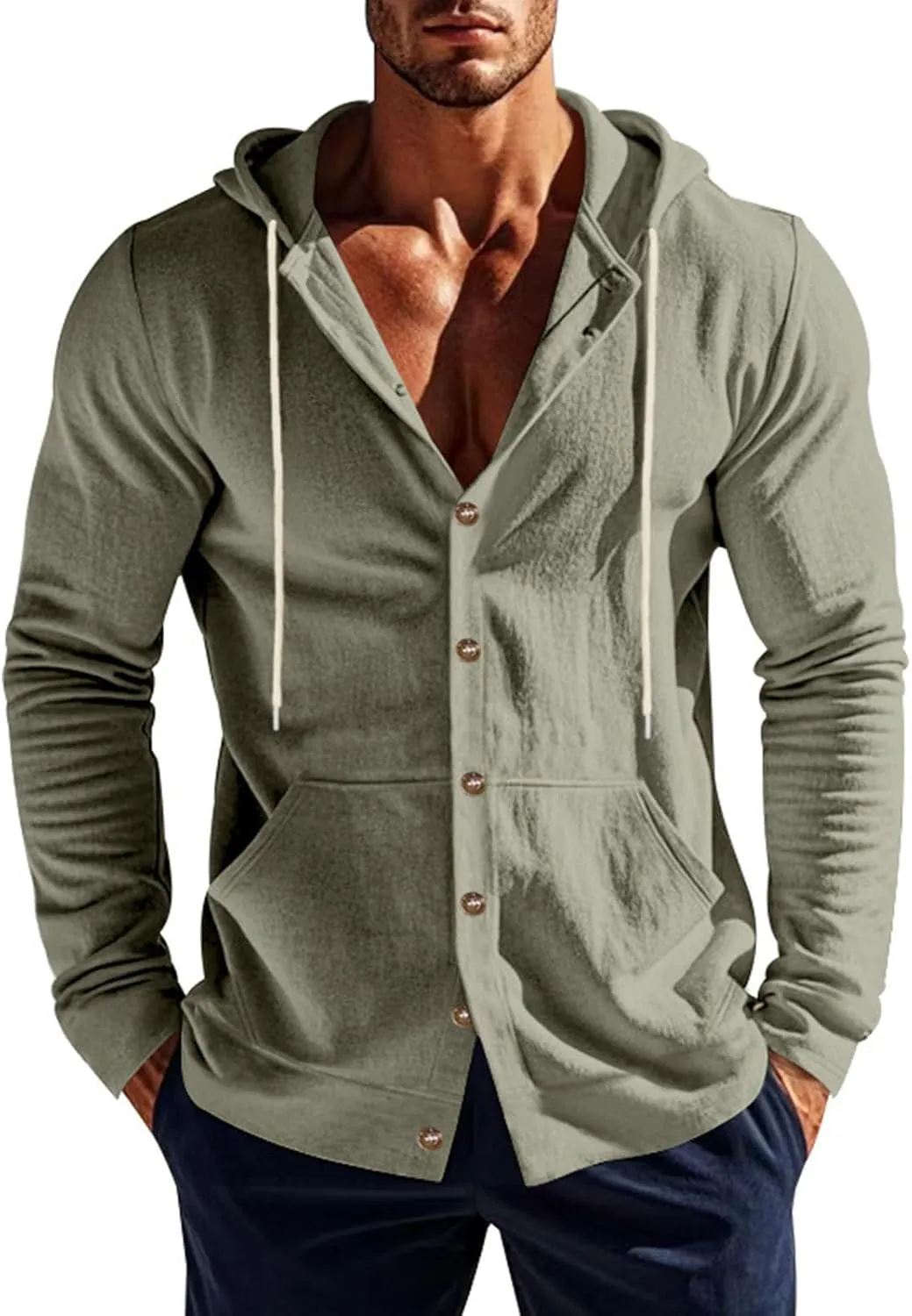 Cotton Hoodie for Mens Long Sleeve Button Down Linen Shirt Drawstring with Pockets Casual Summer Beach Hooded Shirts