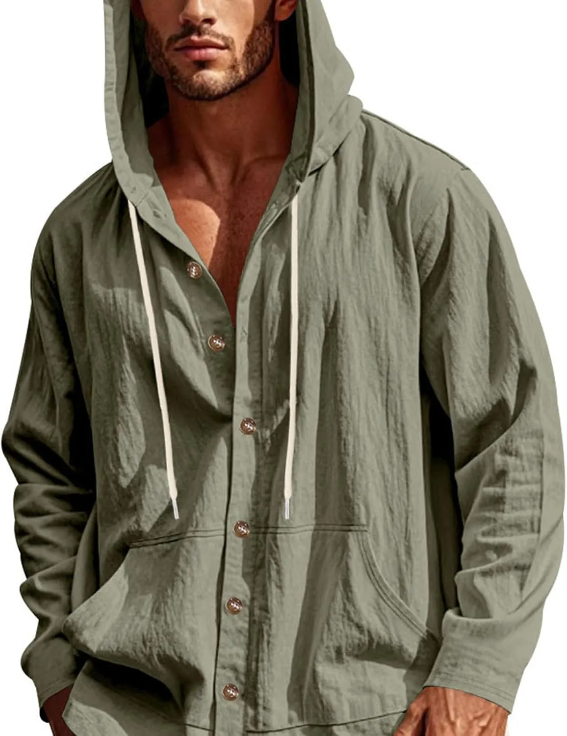 Cotton Hoodie for Mens Long Sleeve Button Down Linen Shirt Drawstring with Pockets Casual Summer Beach Hooded Shirts