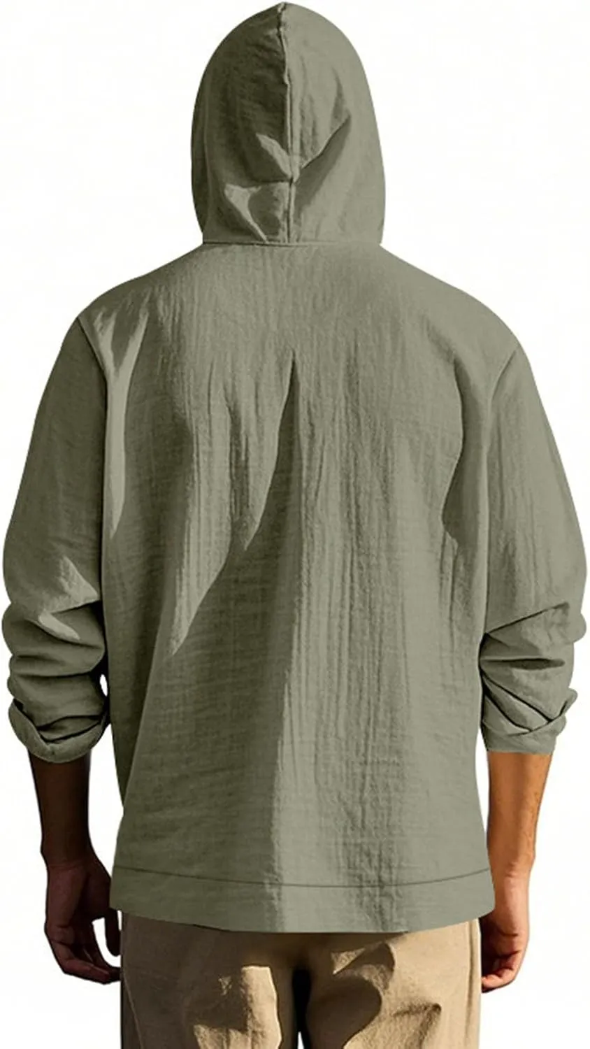 Cotton Hoodie for Mens Long Sleeve Button Down Linen Shirt Drawstring with Pockets Casual Summer Beach Hooded Shirts