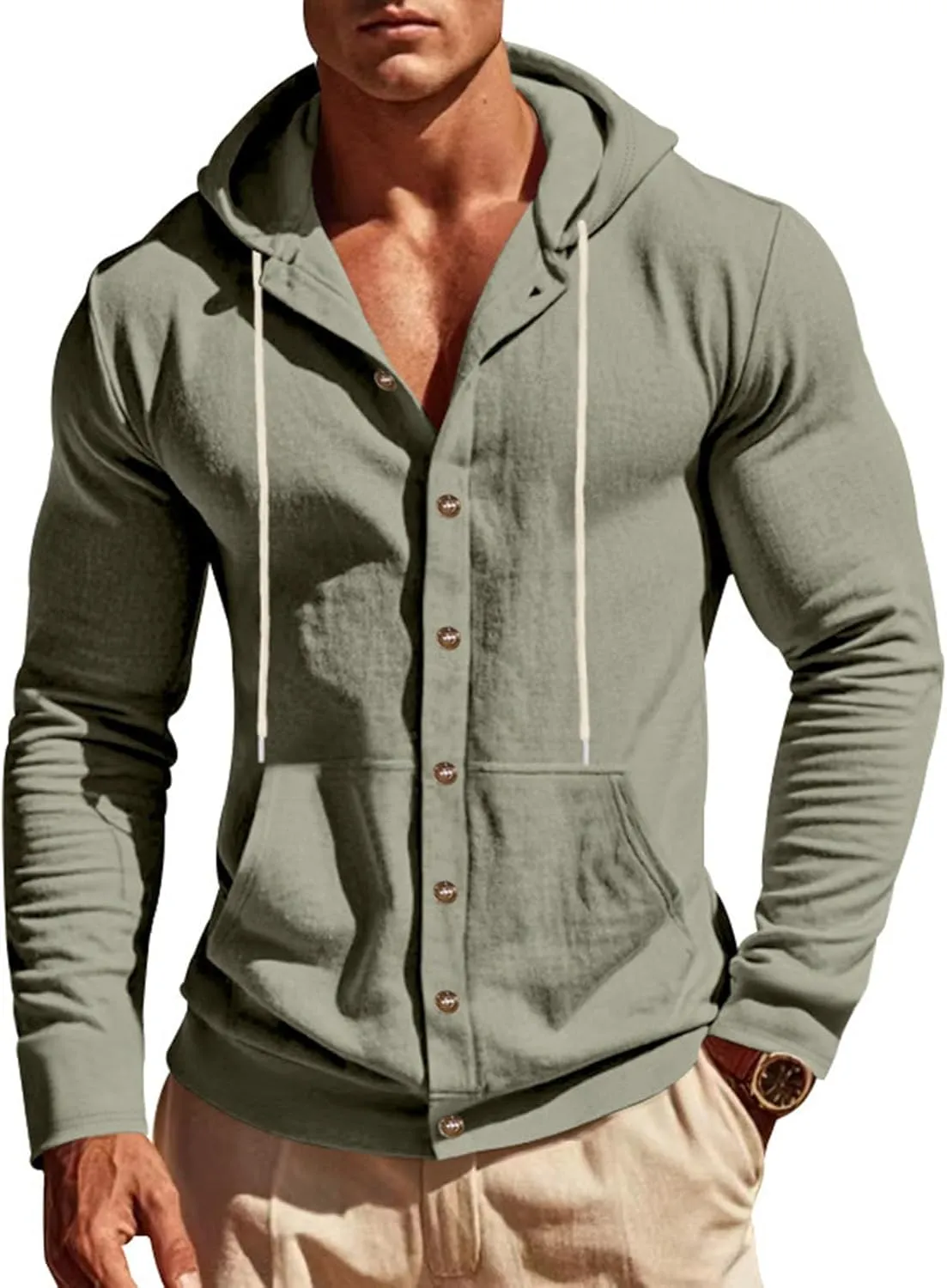 Cotton Hoodie for Mens Long Sleeve Button Down Linen Shirt Drawstring with Pockets Casual Summer Beach Hooded Shirts