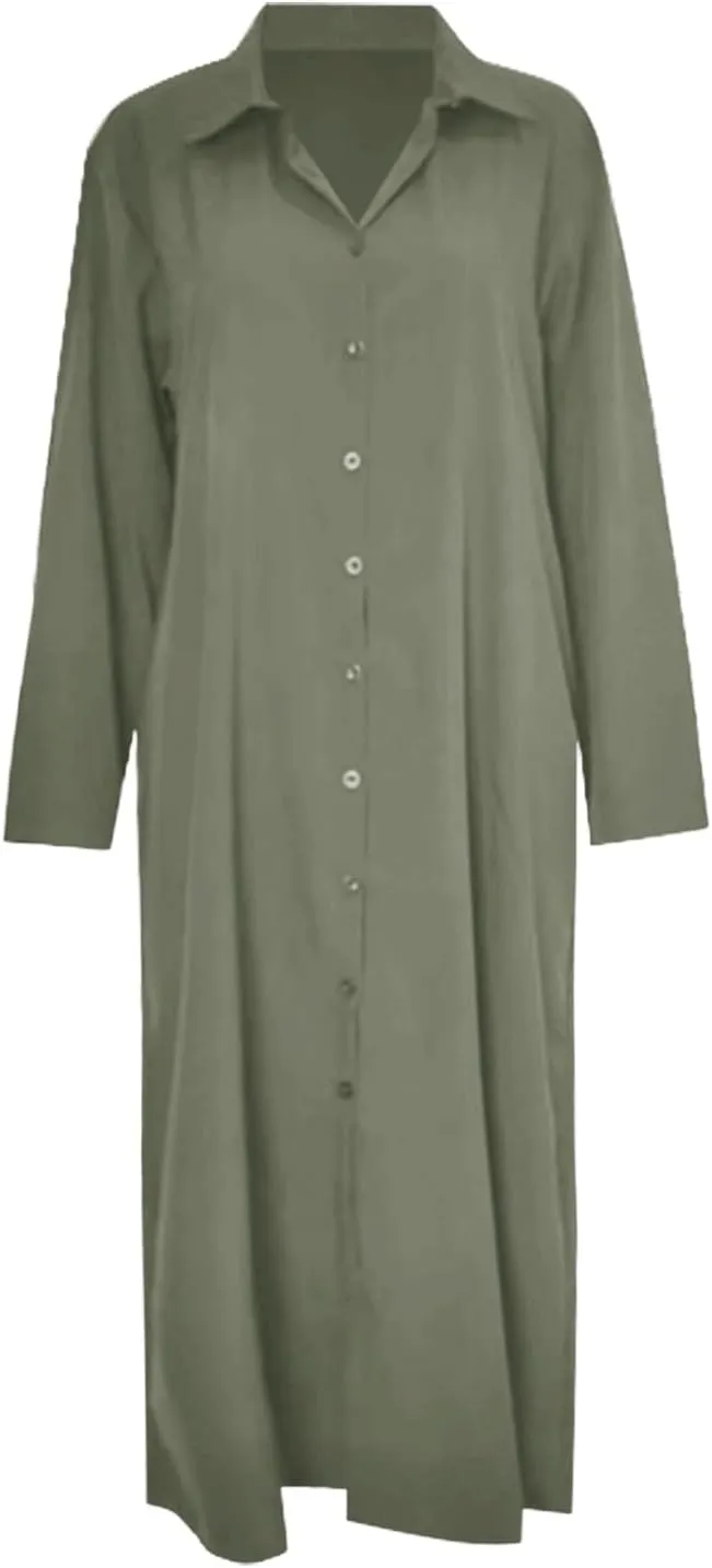 Cotton Linen Shirt Dresses for Women 2024 Casual Long Sleeve Button Down Maxi Dress Lapel Outdoor Swing Sundress