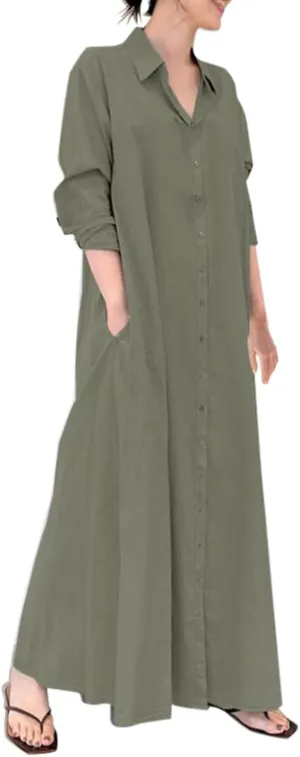 Cotton Linen Shirt Dresses for Women 2024 Casual Long Sleeve Button Down Maxi Dress Lapel Outdoor Swing Sundress