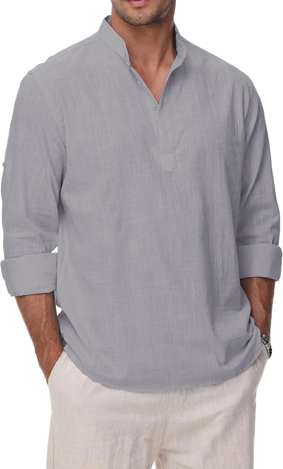 Cotton Linen Shirts for Men Lightweight Casual Long Sleeve Henley Beach Hawaiian Tops