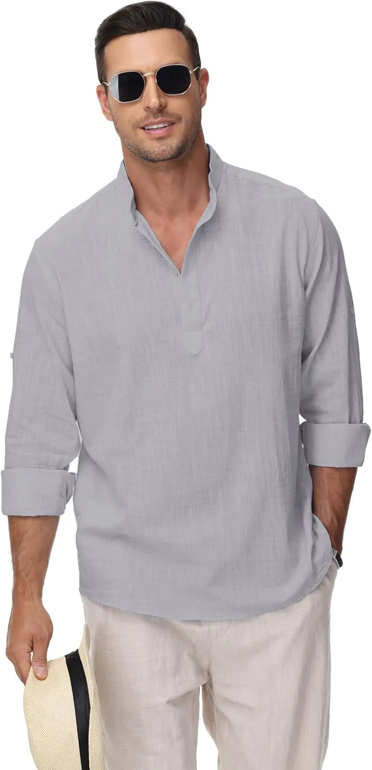 Cotton Linen Shirts for Men Lightweight Casual Long Sleeve Henley Beach Hawaiian Tops
