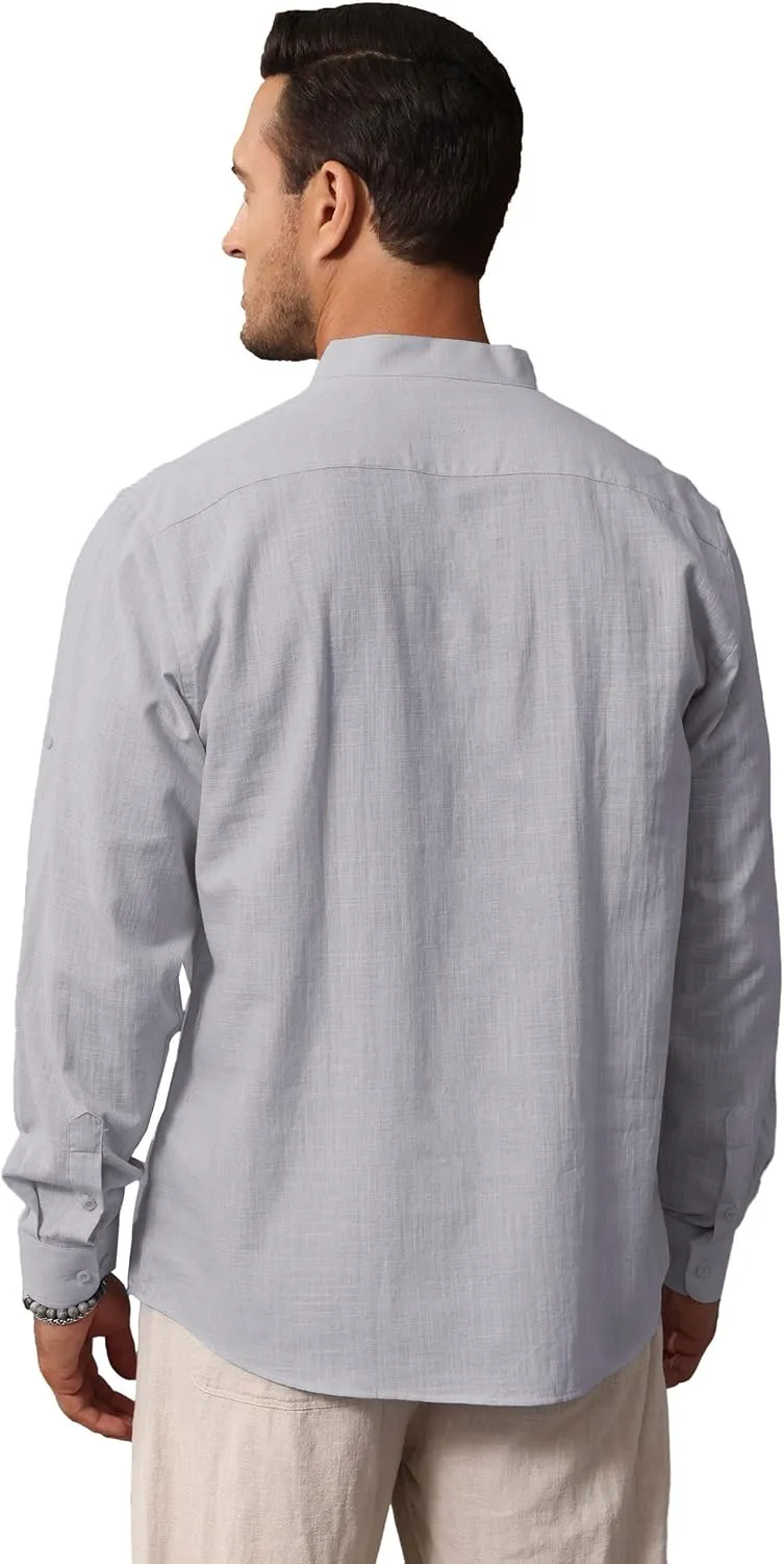 Cotton Linen Shirts for Men Lightweight Casual Long Sleeve Henley Beach Hawaiian Tops