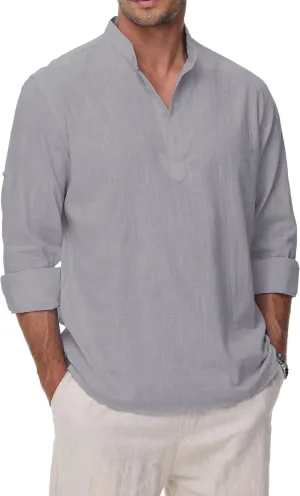 Cotton Linen Shirts for Men Lightweight Casual Long Sleeve Henley Beach Hawaiian Tops