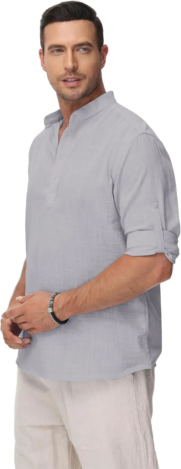 Cotton Linen Shirts for Men Lightweight Casual Long Sleeve Henley Beach Hawaiian Tops