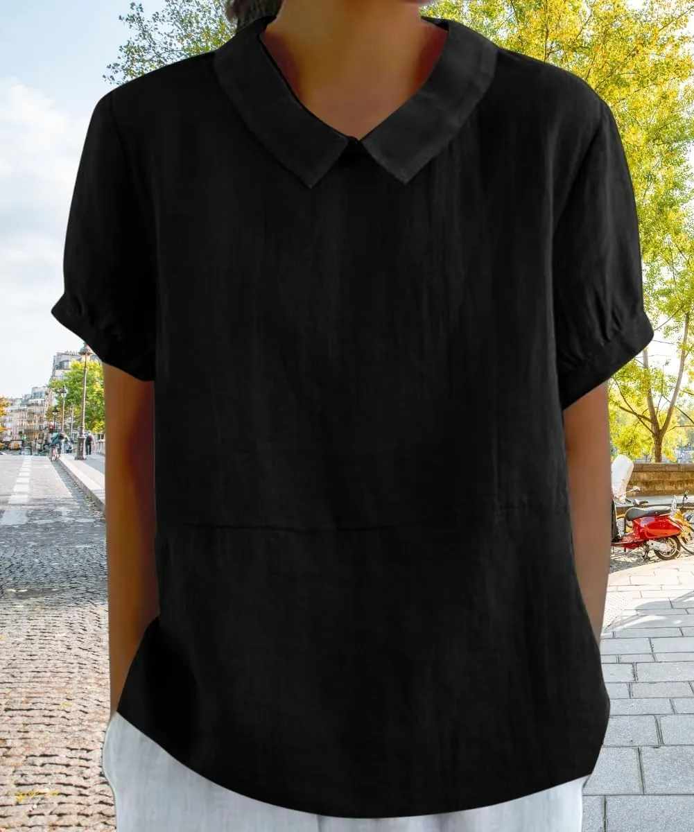 Cotton Linen Shirts for Women Summer Short Sleeve Casual Collared Work Blouse Tunic Tos