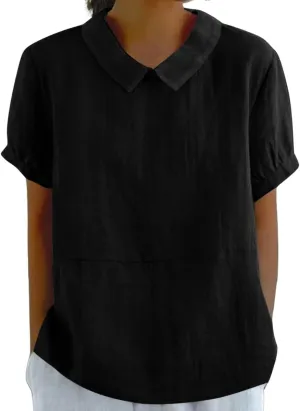 Cotton Linen Shirts for Women Summer Short Sleeve Casual Collared Work Blouse Tunic Tos