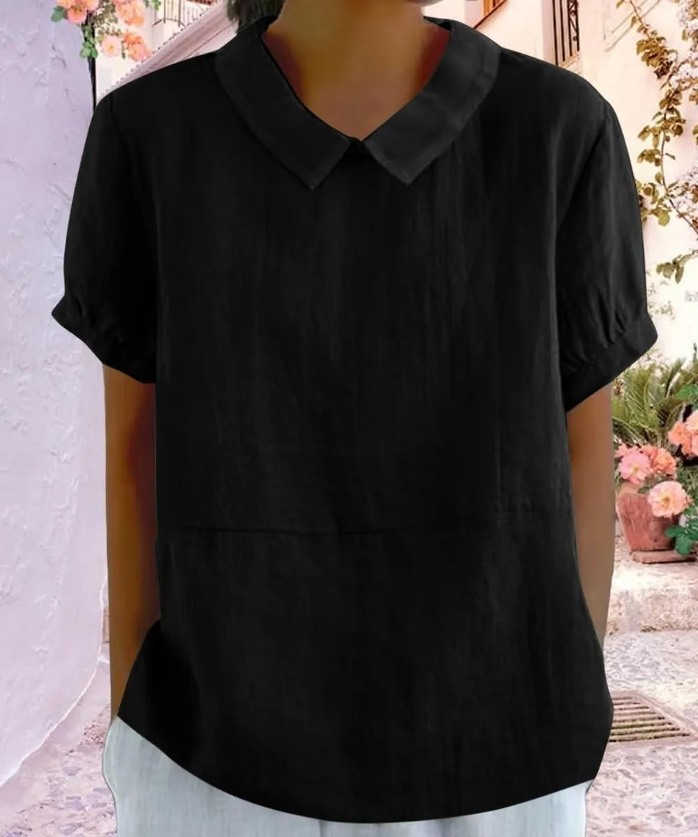 Cotton Linen Shirts for Women Summer Short Sleeve Casual Collared Work Blouse Tunic Tos