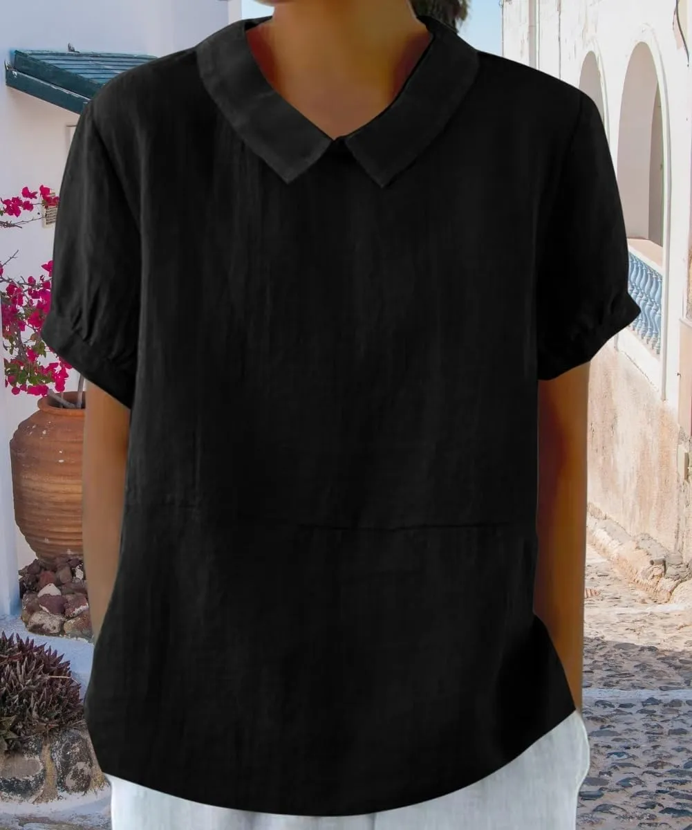 Cotton Linen Shirts for Women Summer Short Sleeve Casual Collared Work Blouse Tunic Tos