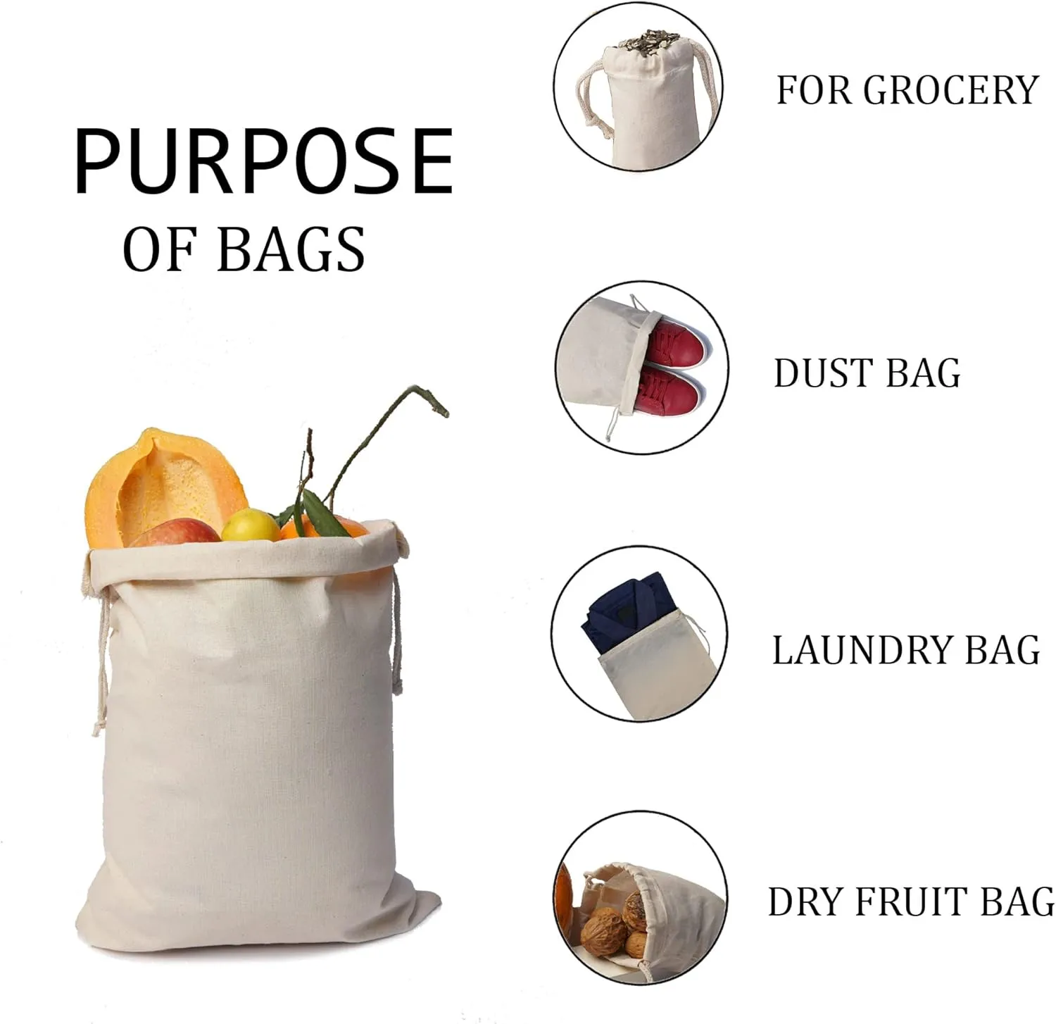 Cotton Muslin Bags, 100% Organic Cotton with Double Drawstring. Premium Quality Reusable Eco-Friendly Natural Muslin Bags. (25, 3x5 Inches)