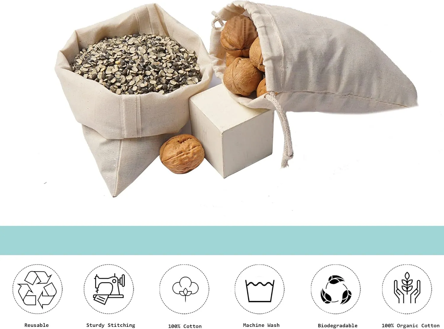 Cotton Muslin Bags, 100% Organic Cotton with Double Drawstring. Premium Quality Reusable Eco-Friendly Natural Muslin Bags. (25, 3x5 Inches)