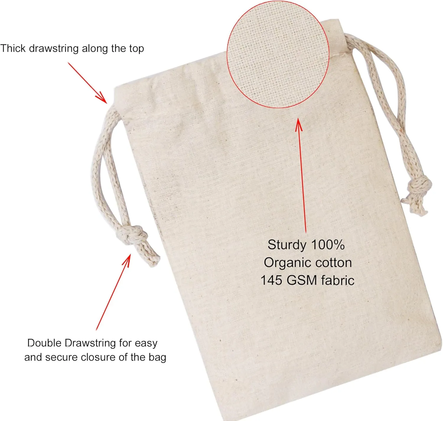 Cotton Muslin Bags, 100% Organic Cotton with Double Drawstring. Premium Quality Reusable Eco-Friendly Natural Muslin Bags. (25, 3x5 Inches)