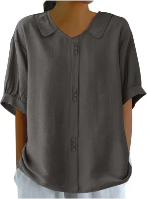 Cotton Tee Shirts for Women 2024 Fashion Short Sleeve V Neck Cotton Linen Top Loose Fit Solid Blouse Ladies Clothes