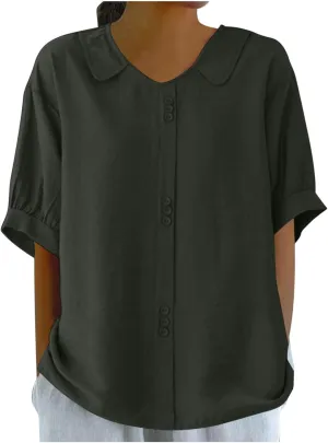 Cotton Tee Shirts for Women 2024 Fashion Short Sleeve V Neck Cotton Linen Top Loose Fit Solid Blouse Ladies Clothes