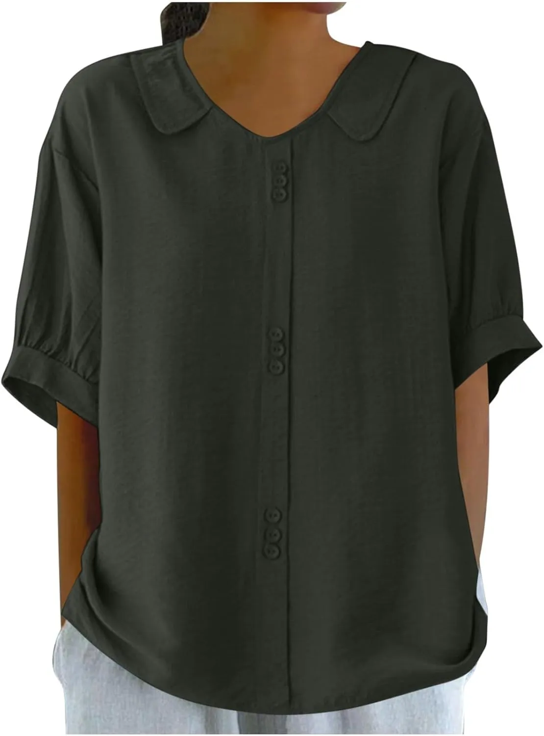 Cotton Tee Shirts for Women 2024 Fashion Short Sleeve V Neck Cotton Linen Top Loose Fit Solid Blouse Ladies Clothes