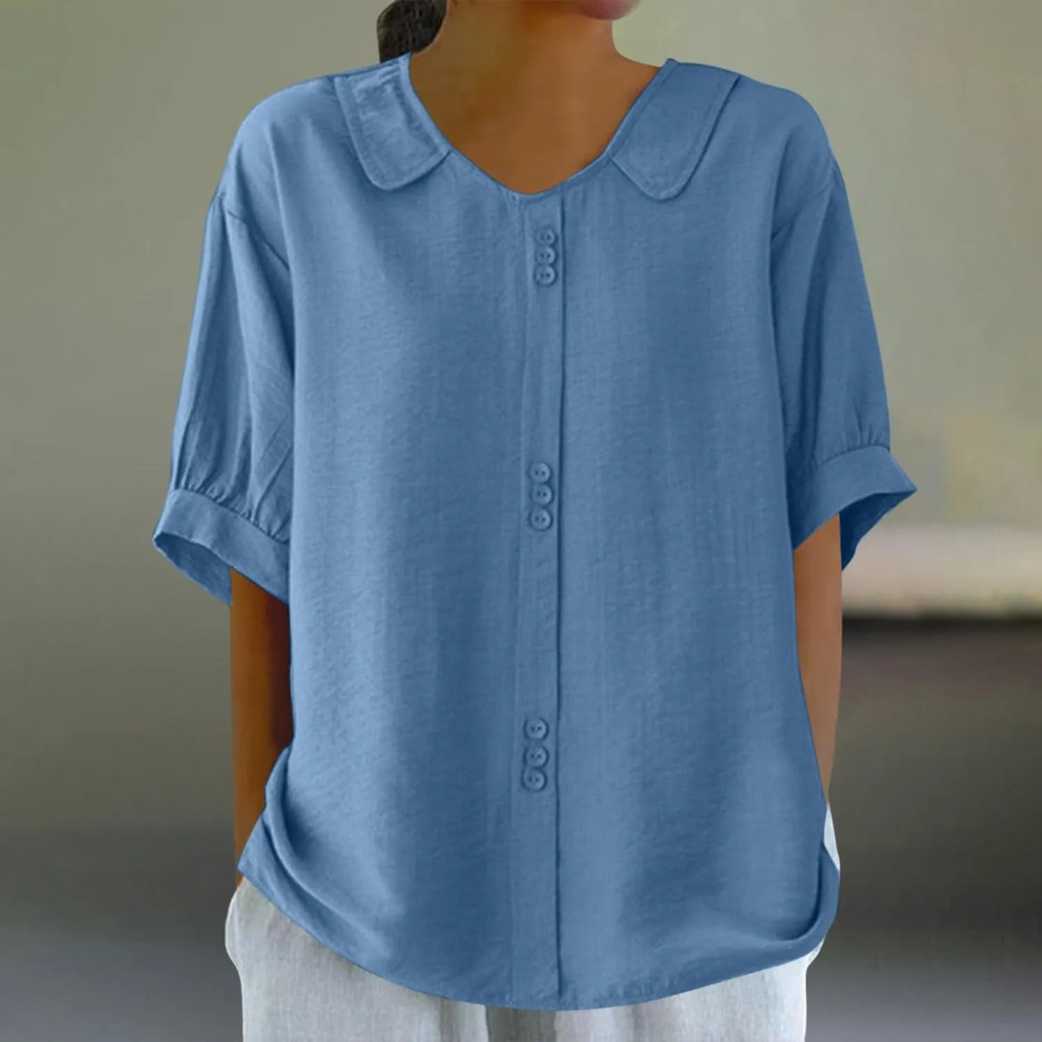 Cotton Tee Shirts for Women 2024 Fashion Short Sleeve V Neck Cotton Linen Top Loose Fit Solid Blouse Ladies Clothes