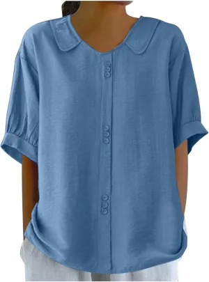 Cotton Tee Shirts for Women 2024 Fashion Short Sleeve V Neck Cotton Linen Top Loose Fit Solid Blouse Ladies Clothes