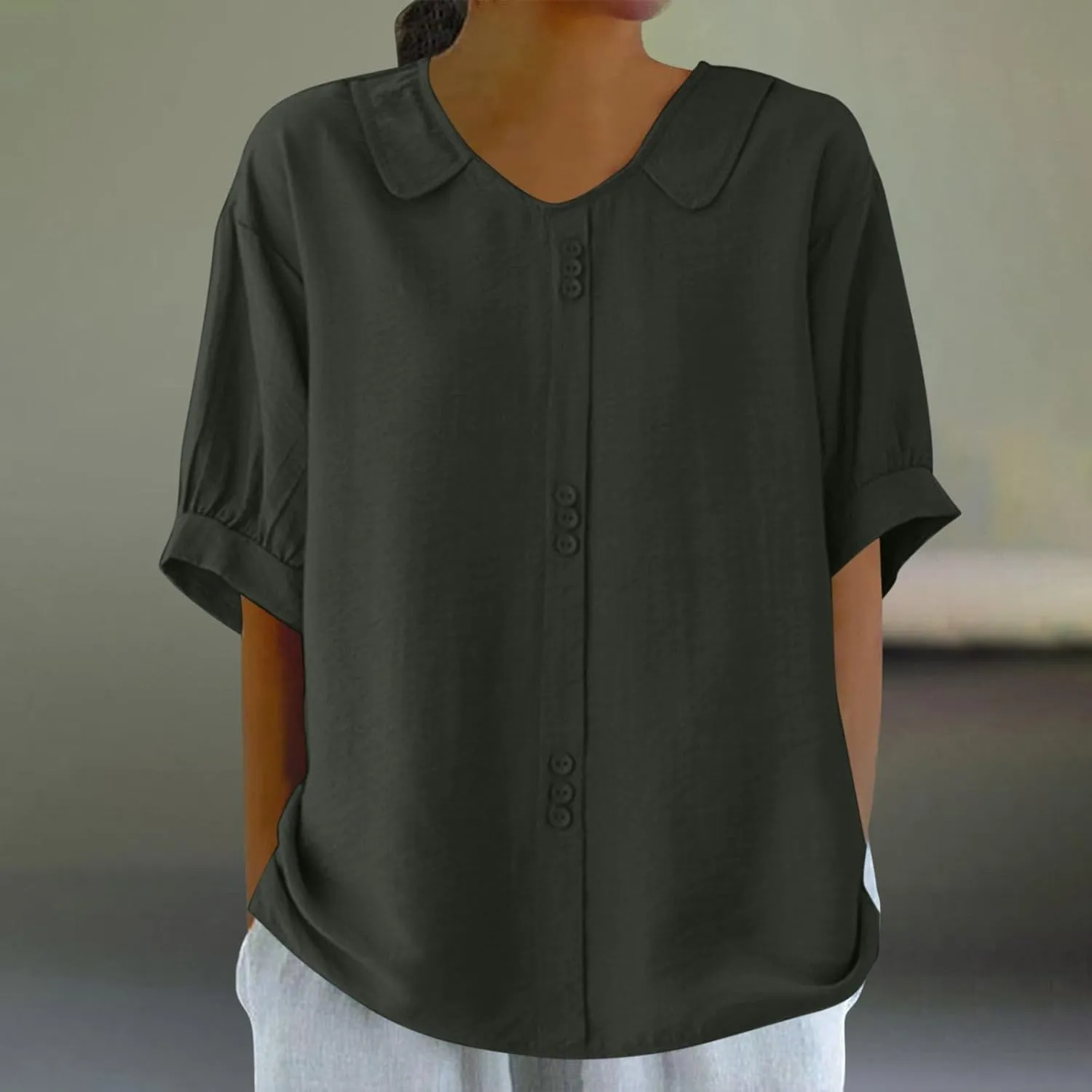 Cotton Tee Shirts for Women 2024 Fashion Short Sleeve V Neck Cotton Linen Top Loose Fit Solid Blouse Ladies Clothes