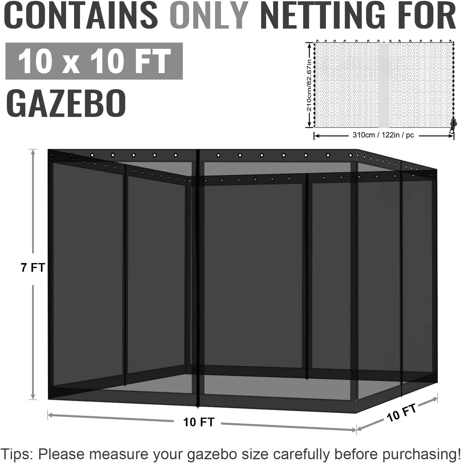 COWVIE Gazebo Replacement Netting Screen, 10' x 10' Universal Gazebo 4-Panel Mosquito Sidewalls with Double Zippers for Outdoor Patio (Only Netting)