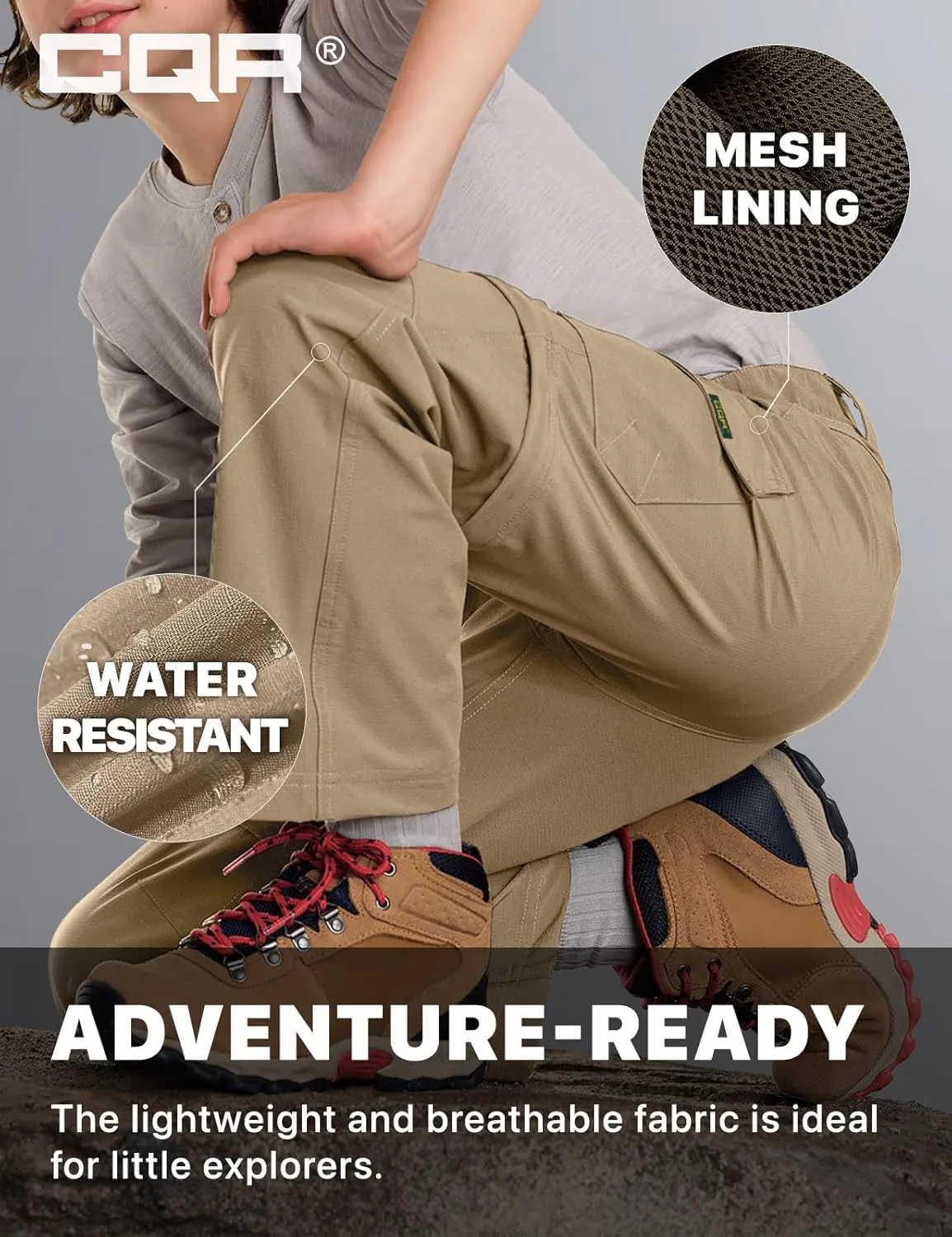 CQR Kids Youth Hiking Cargo Pants, UPF 50  Quick Dry Convertible Zip Off Pants, Outdoor Camping Pants