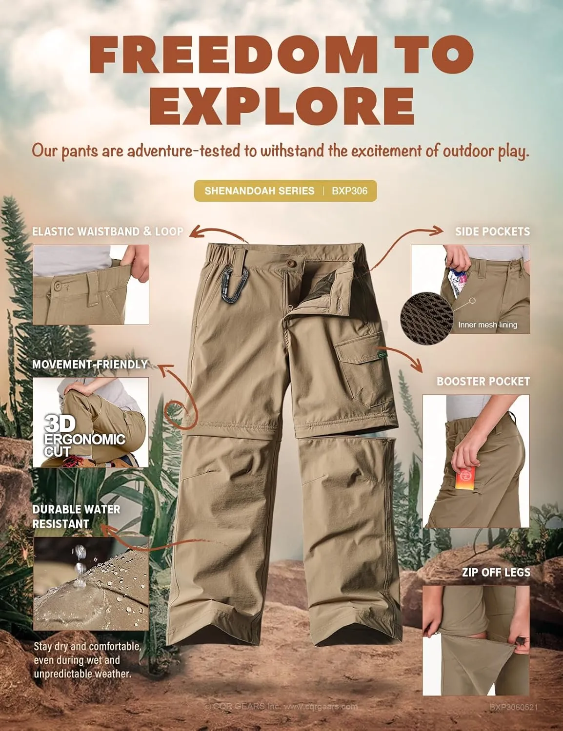 CQR Kids Youth Hiking Cargo Pants, UPF 50  Quick Dry Convertible Zip Off Pants, Outdoor Camping Pants