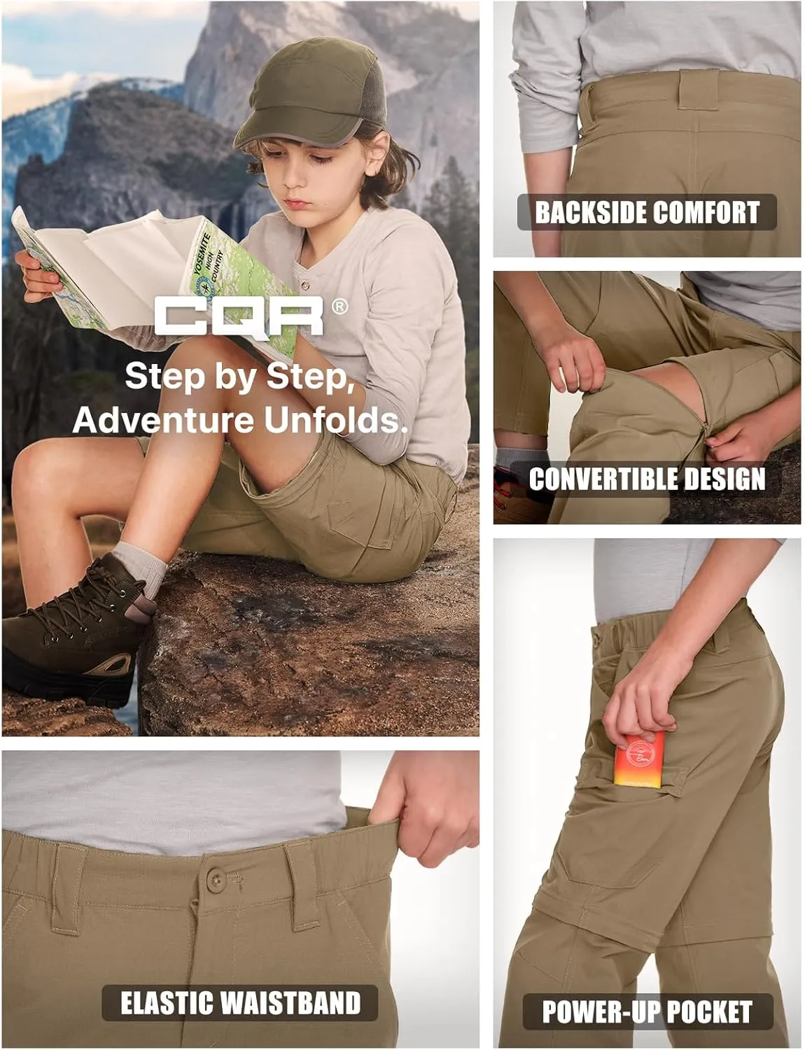 CQR Kids Youth Hiking Cargo Pants, UPF 50  Quick Dry Convertible Zip Off Pants, Outdoor Camping Pants