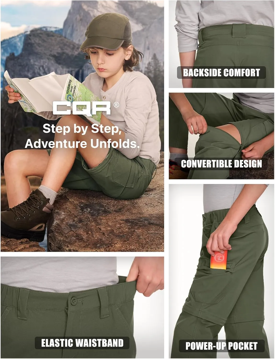 CQR Kids Youth Hiking Cargo Pants, UPF 50  Quick Dry Convertible Zip Off Pants, Outdoor Camping Pants
