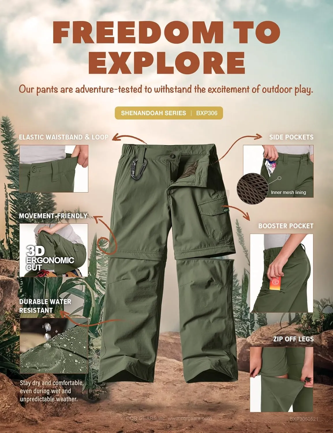 CQR Kids Youth Hiking Cargo Pants, UPF 50  Quick Dry Convertible Zip Off Pants, Outdoor Camping Pants