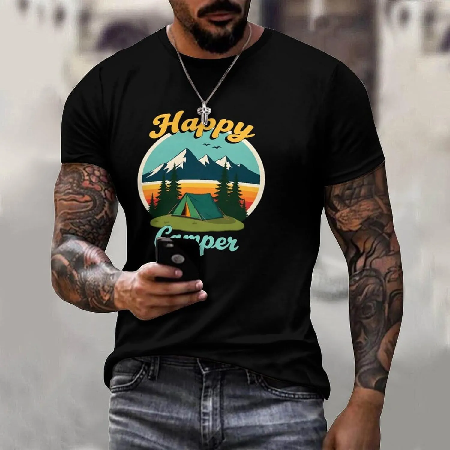 Crewneck Casual Retro Camping Sunset Shirt Cotton T-Shirt Summer Tee