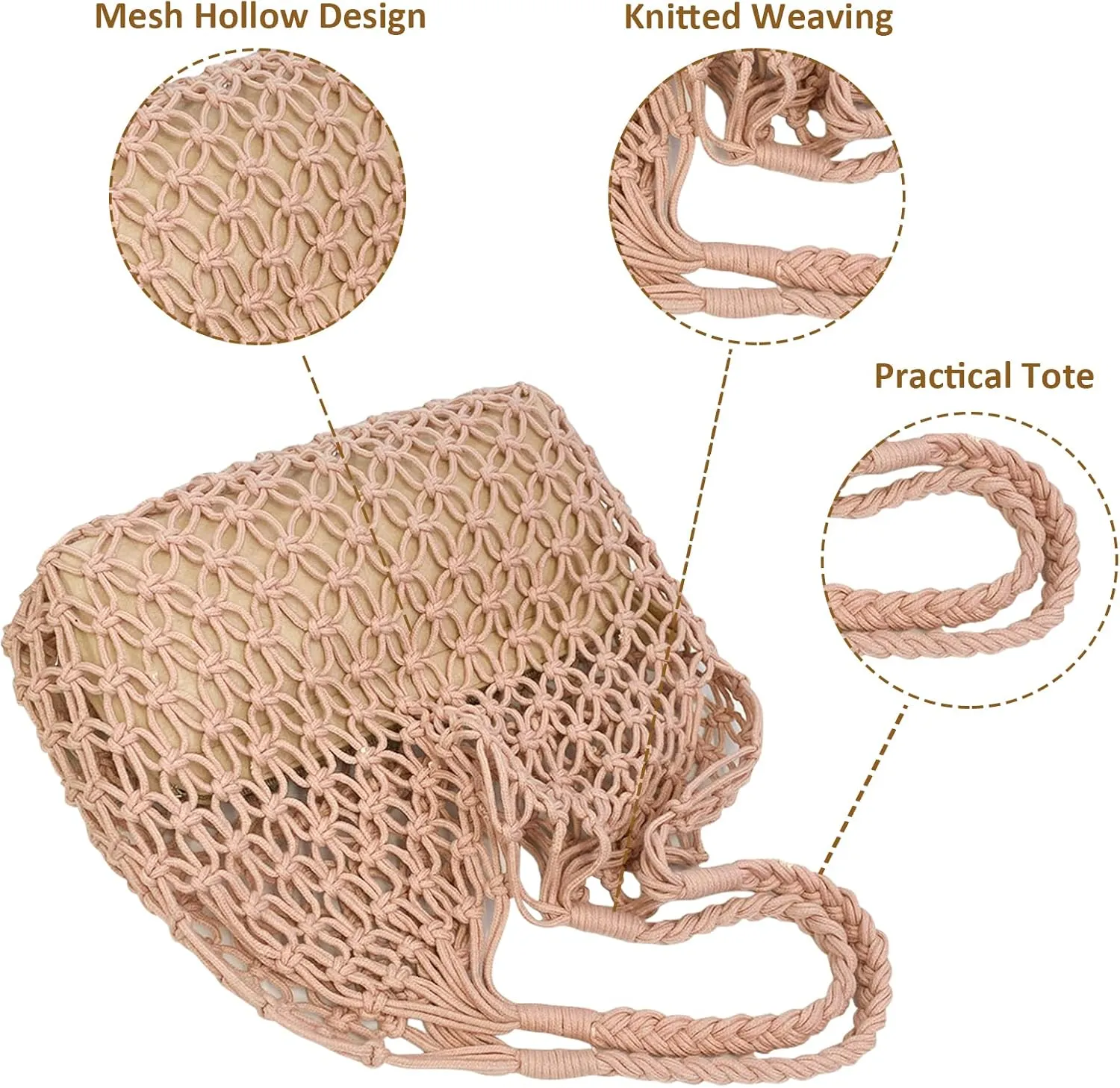 Crochet Mesh Tote Beach Bag Woven Hollow Out Handbag, Straw Rattan Net Shoulder Purse Summer Armpit Bag for Women