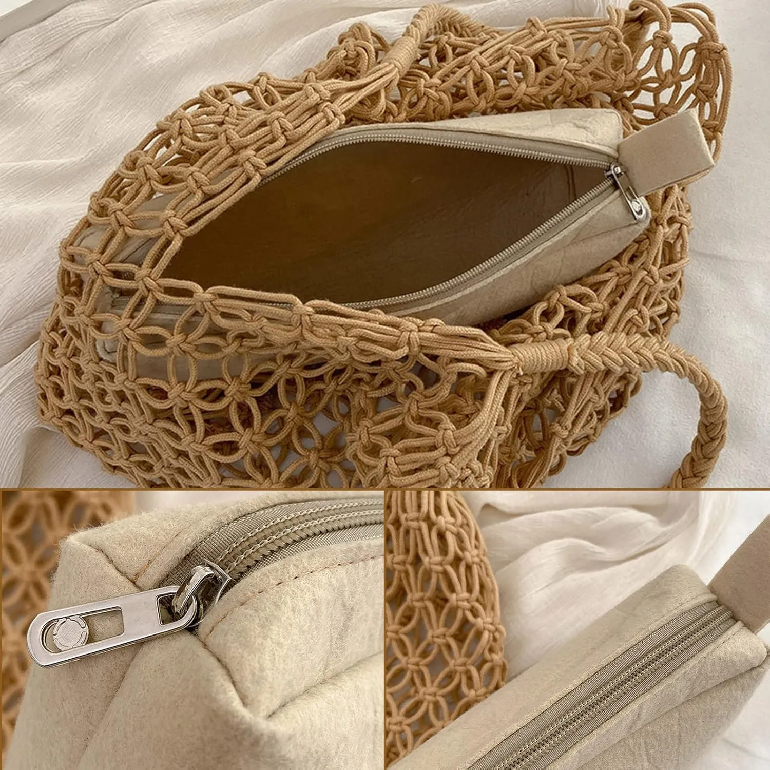 Crochet Mesh Tote Beach Bag Woven Hollow Out Handbag, Straw Rattan Net Shoulder Purse Summer Armpit Bag for Women