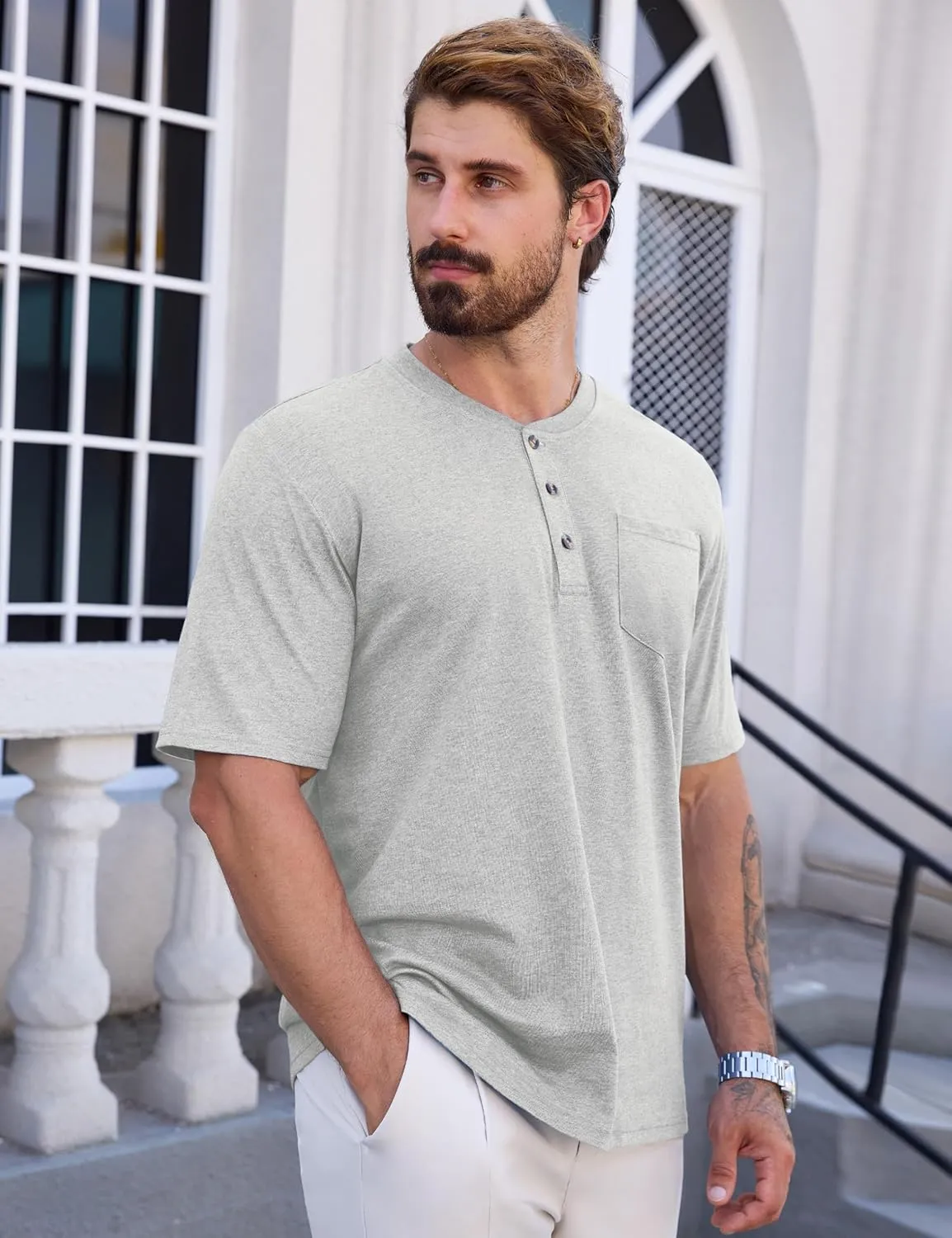 CRYSULLY Men's Henley Shirt Short Sleeve Cotton T-Shirts Pocket 3 Button Tops Lightweight Casual Basic Tee