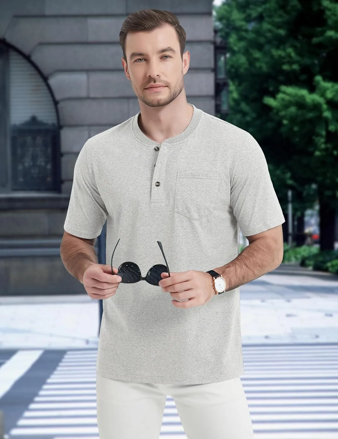 CRYSULLY Men's Henley Shirt Short Sleeve Cotton T-Shirts Pocket 3 Button Tops Lightweight Casual Basic Tee