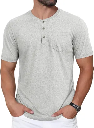 CRYSULLY Men's Henley Shirt Short Sleeve Cotton T-Shirts Pocket 3 Button Tops Lightweight Casual Basic Tee