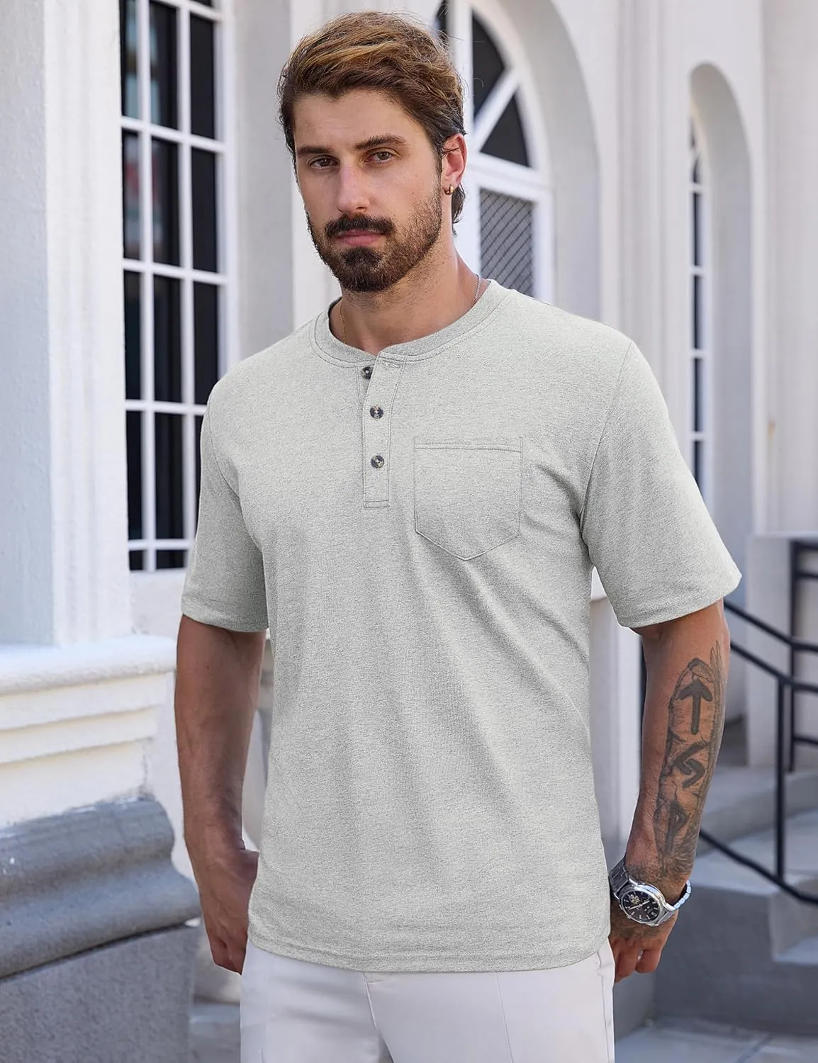 CRYSULLY Men's Henley Shirt Short Sleeve Cotton T-Shirts Pocket 3 Button Tops Lightweight Casual Basic Tee