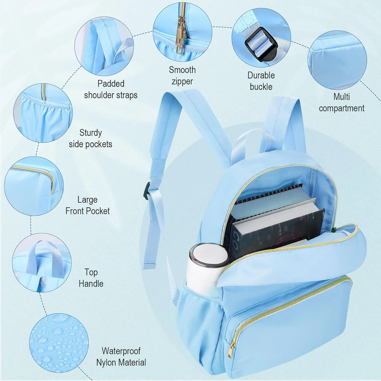 Cunno 1 Piece Nylon Backpack for School Preppy Bookbags Bulk Girls Boys School Bags Toddler Backpack Waterproof Travel Bag (Blue)