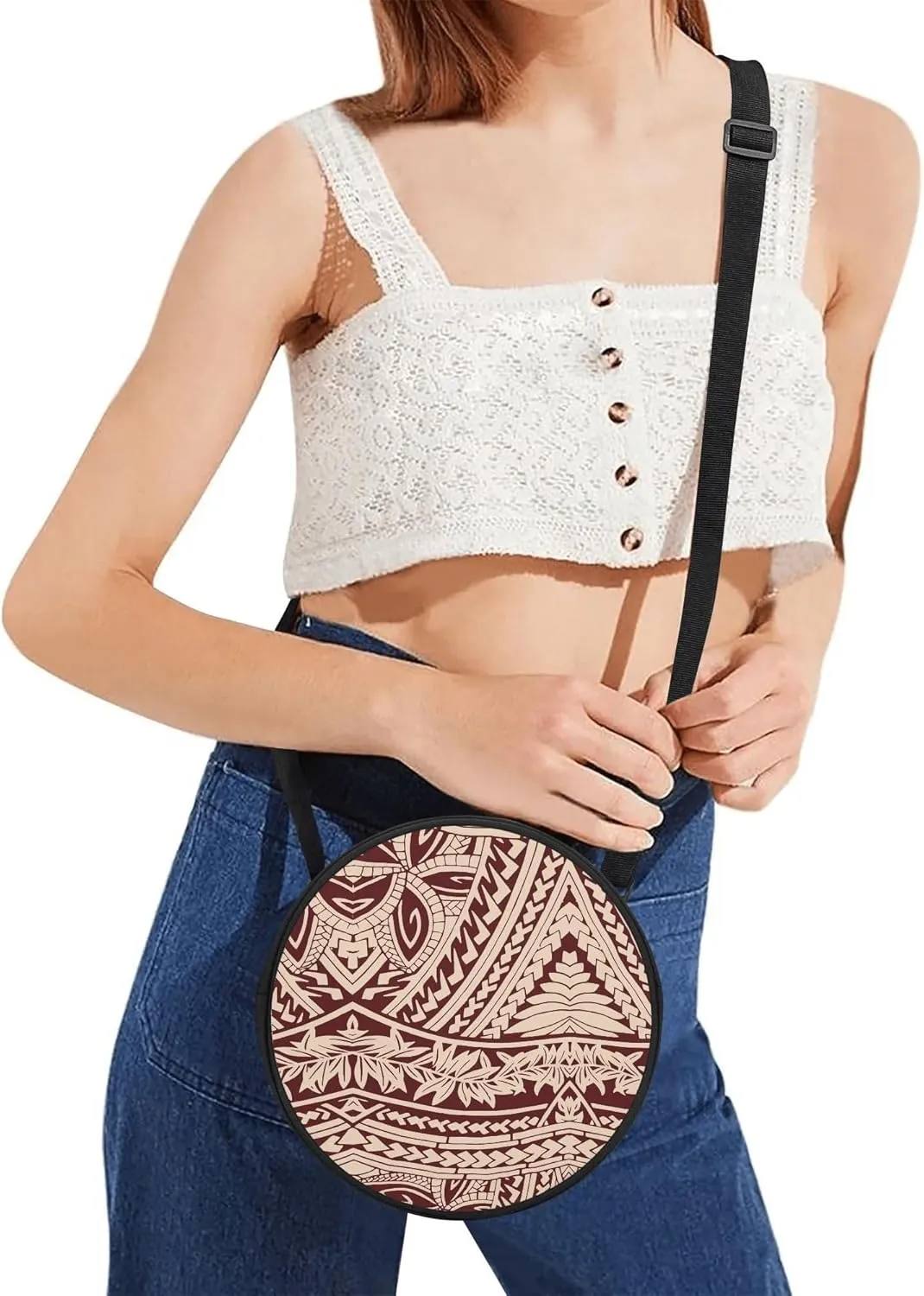 Custom Round Crossbody Bag Pattern Polynesian Floral Vintage Design Small Portable Men'S Bag Women'S Bag Samoa