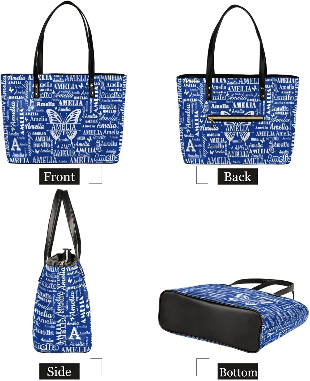 Custom Women Tote Bag with Zipper for Grils, Butterfly Design Personalized Shoulder Bag Casual Handbags
