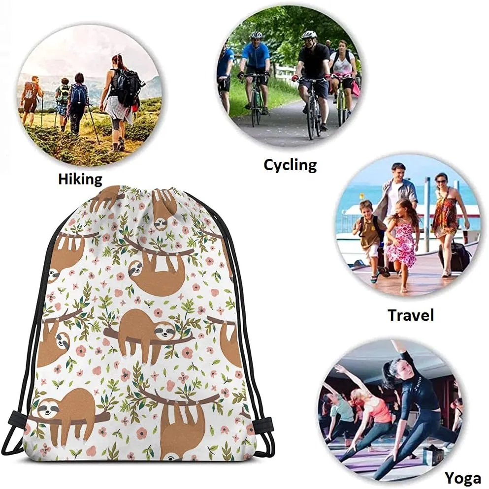 Cute Sloths Drawstring Bags Backpack Bag Adorable Cartoon Animal Sloth On Tree Branch Flowers Leaves Jungle Sport Gym Sack Drawstring Bag String Bag Yoga Bag for Men Women