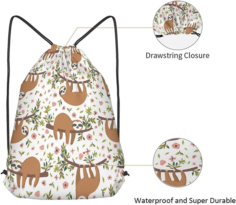 Cute Sloths Drawstring Bags Backpack Bag Adorable Cartoon Animal Sloth On Tree Branch Flowers Leaves Jungle Sport Gym Sack Drawstring Bag String Bag Yoga Bag for Men Women