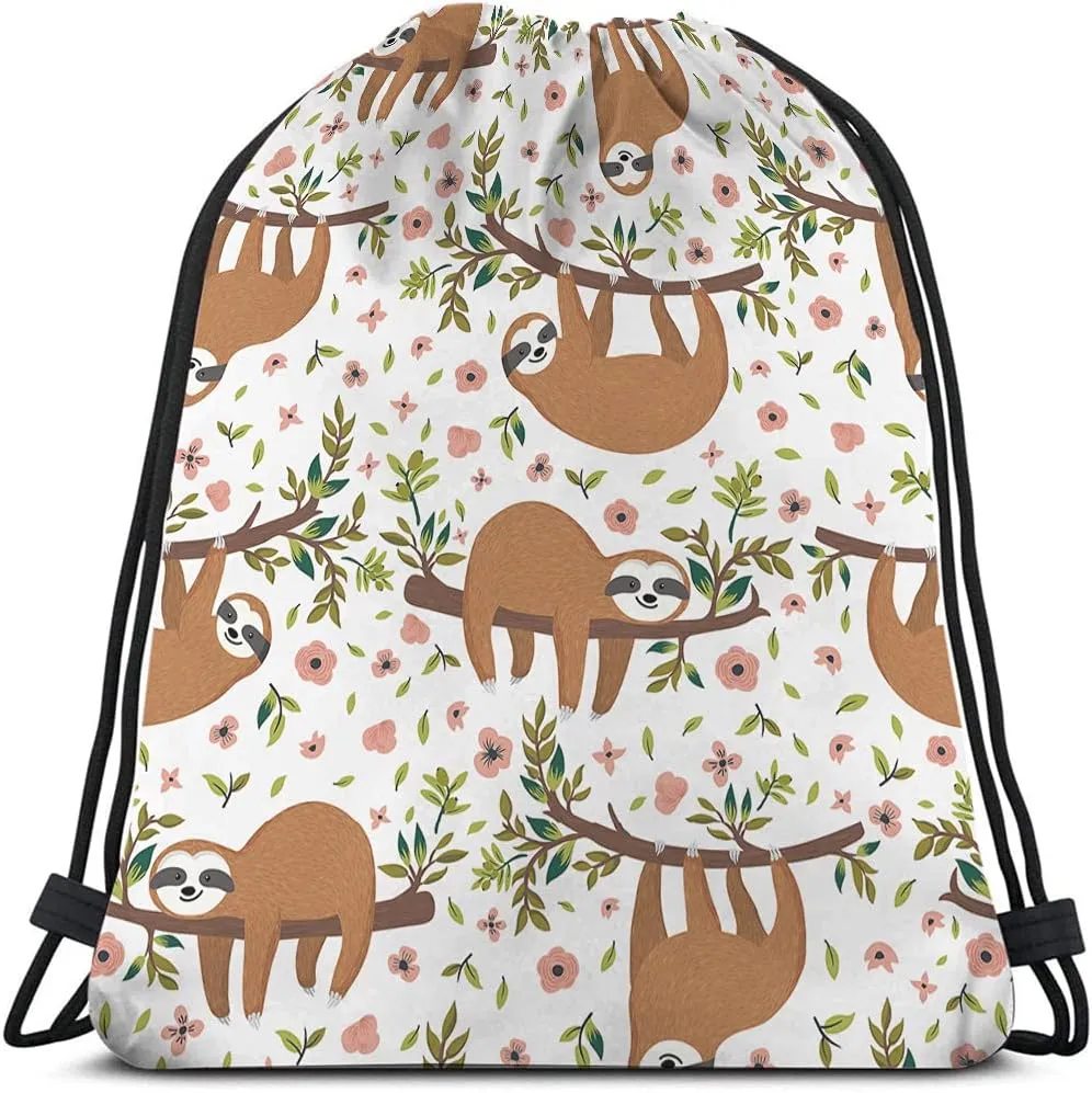 Cute Sloths Drawstring Bags Backpack Bag Adorable Cartoon Animal Sloth On Tree Branch Flowers Leaves Jungle Sport Gym Sack Drawstring Bag String Bag Yoga Bag for Men Women